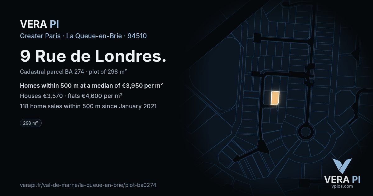9 Rue de Londres, La Queue-en-Brie at night – the plot lit, the parcels around coloured by the prices near them