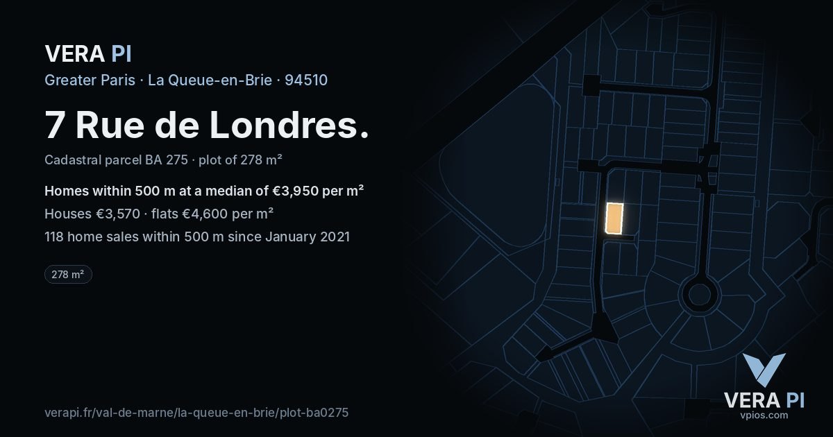 7 Rue de Londres, La Queue-en-Brie at night – the plot lit, the parcels around coloured by the prices near them
