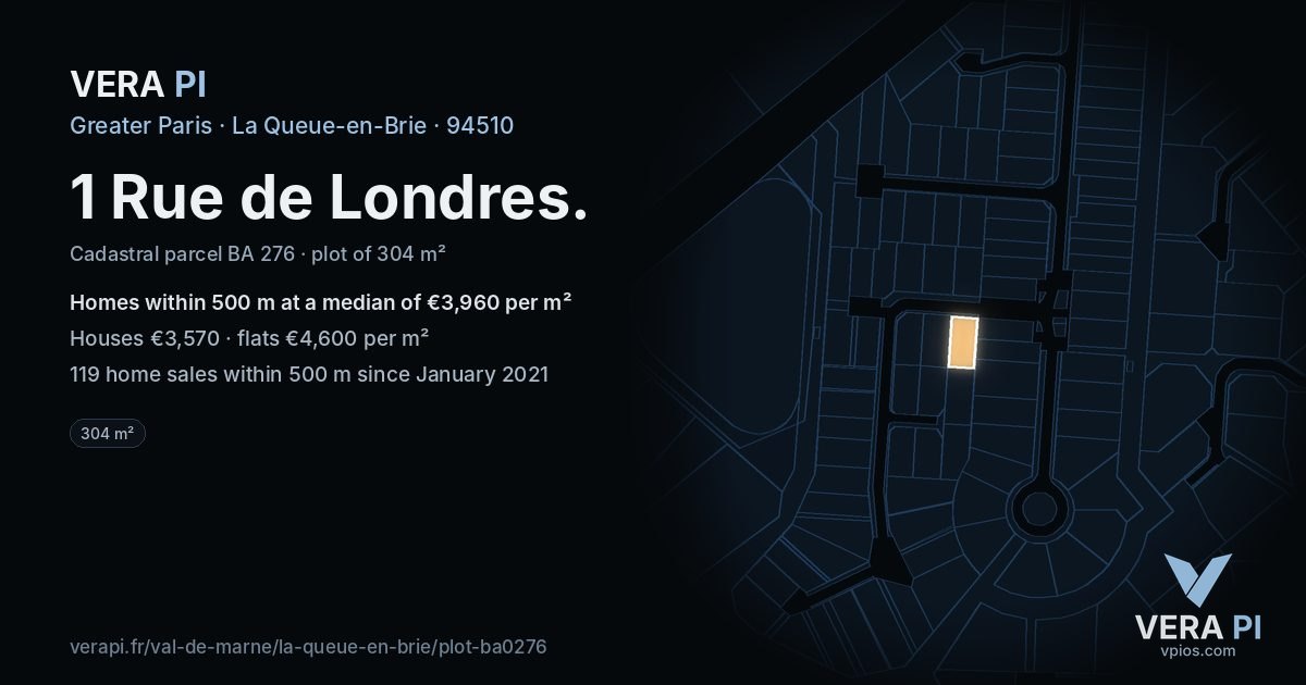 1 Rue de Londres, La Queue-en-Brie at night – the plot lit, the parcels around coloured by the prices near them
