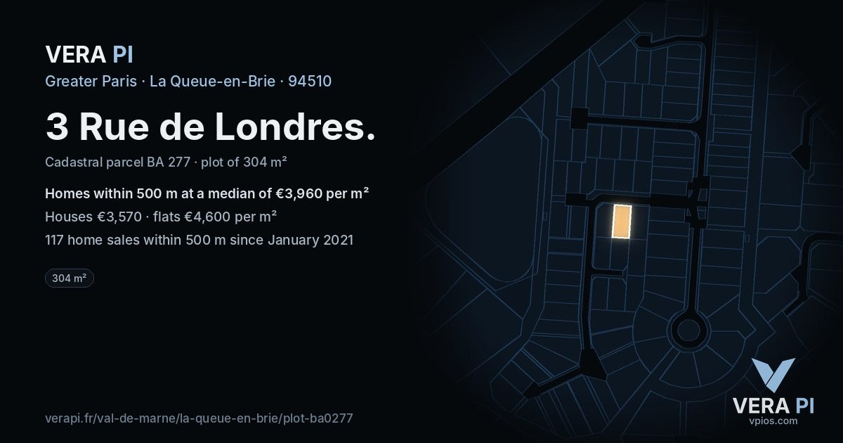 3 Rue de Londres, La Queue-en-Brie at night – the plot lit, the parcels around coloured by the prices near them