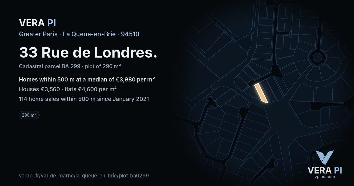 33 Rue de Londres, La Queue-en-Brie at night – the plot lit, the parcels around coloured by the prices near them