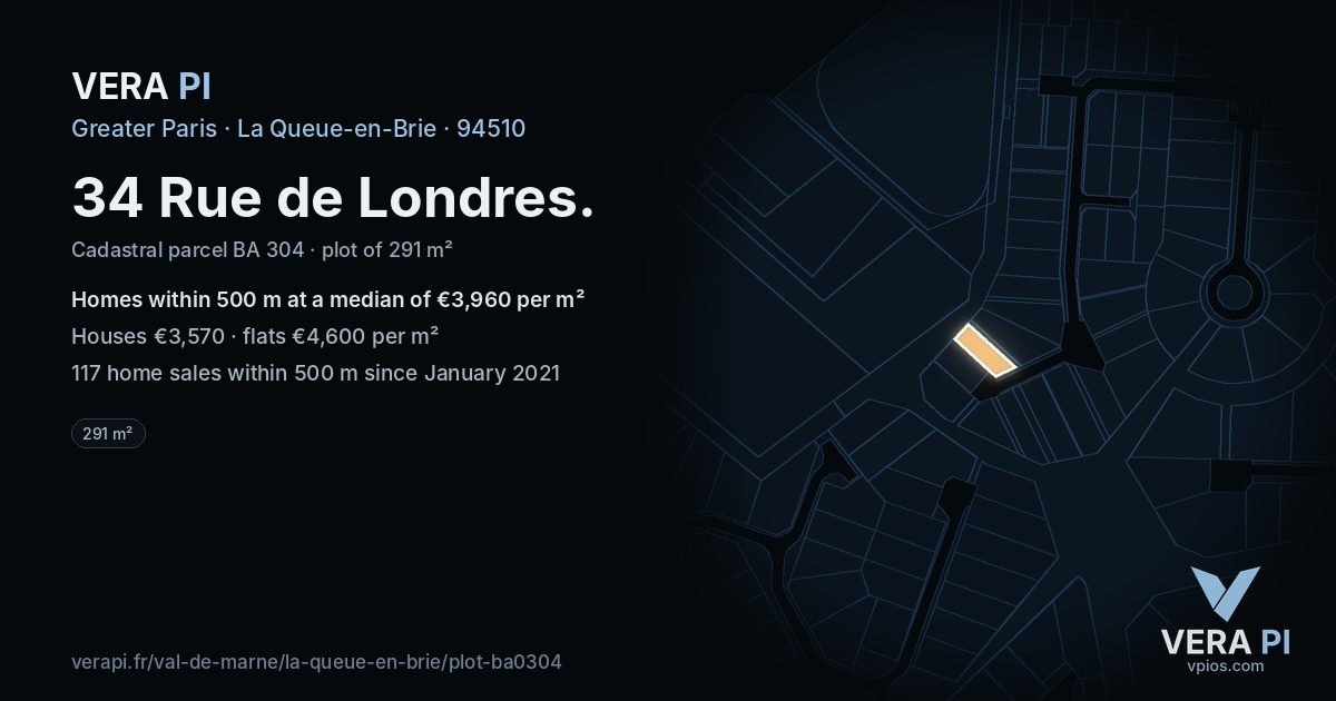 34 Rue de Londres, La Queue-en-Brie at night – the plot lit, the parcels around coloured by the prices near them