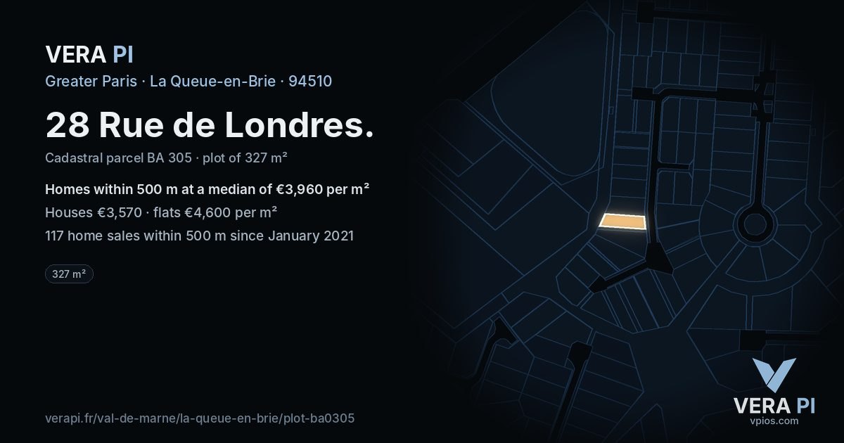 28 Rue de Londres, La Queue-en-Brie at night – the plot lit, the parcels around coloured by the prices near them