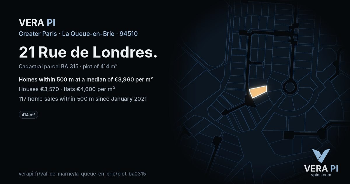 21 Rue de Londres, La Queue-en-Brie at night – the plot lit, the parcels around coloured by the prices near them