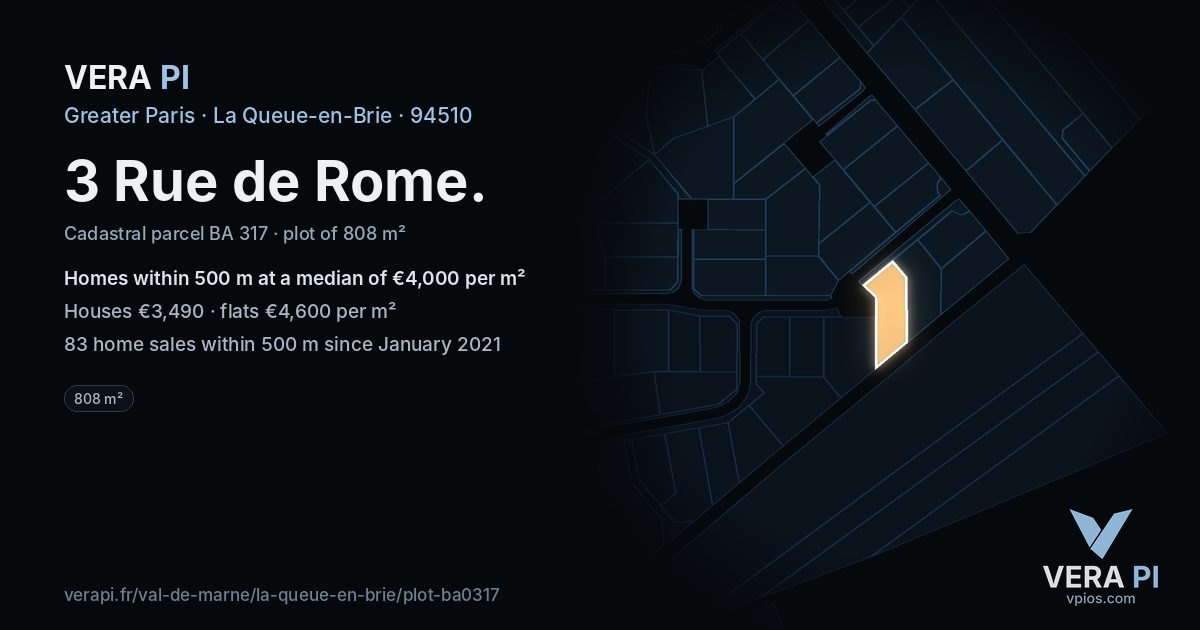 3 Rue de Rome, La Queue-en-Brie at night – the plot lit, the parcels around coloured by the prices near them