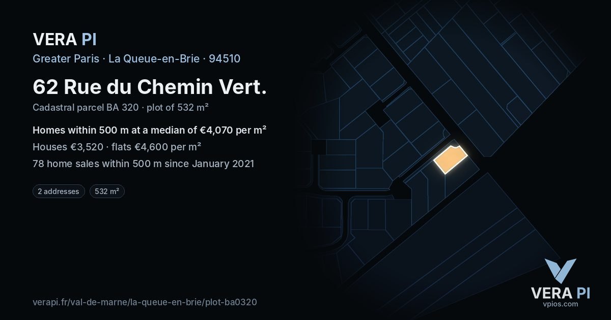 62 Rue du Chemin Vert, La Queue-en-Brie at night – the plot lit, the parcels around coloured by the prices near them