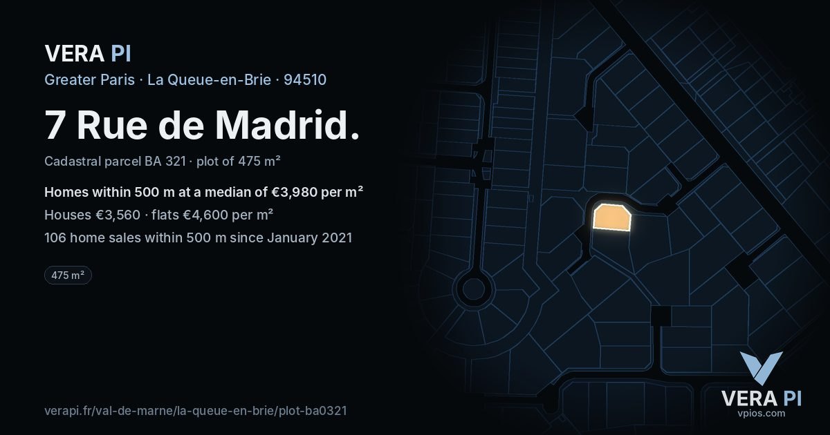 7 Rue de Madrid, La Queue-en-Brie at night – the plot lit, the parcels around coloured by the prices near them