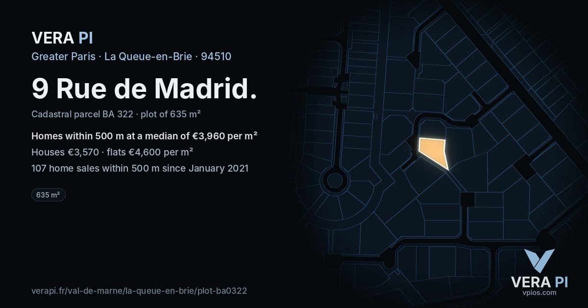 9 Rue de Madrid, La Queue-en-Brie at night – the plot lit, the parcels around coloured by the prices near them