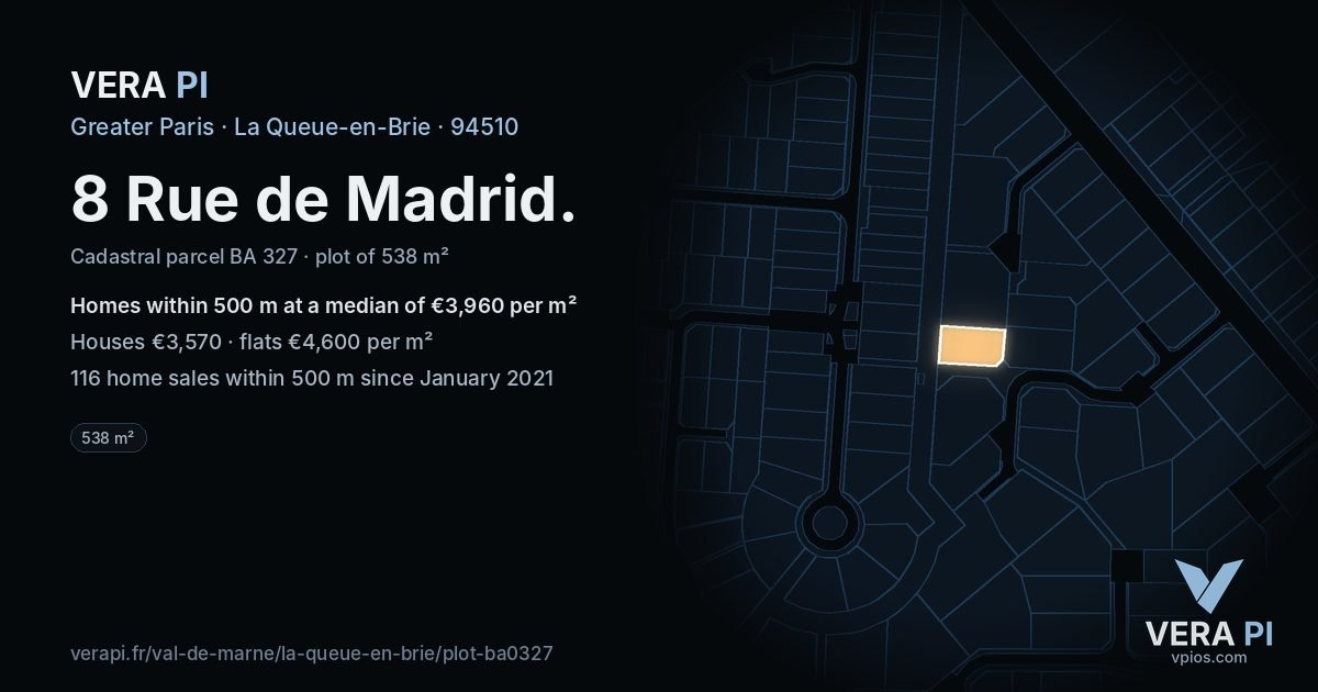 8 Rue de Madrid, La Queue-en-Brie at night – the plot lit, the parcels around coloured by the prices near them