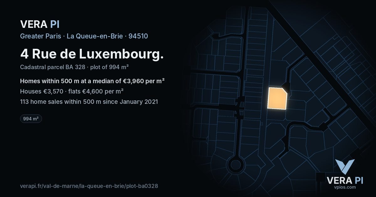 4 Rue de Luxembourg, La Queue-en-Brie at night – the plot lit, the parcels around coloured by the prices near them