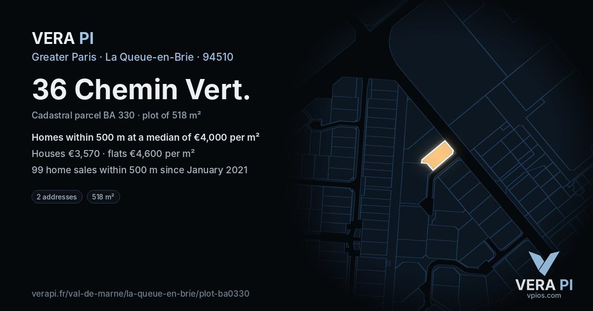 36 Chemin Vert, La Queue-en-Brie at night – the plot lit, the parcels around coloured by the prices near them