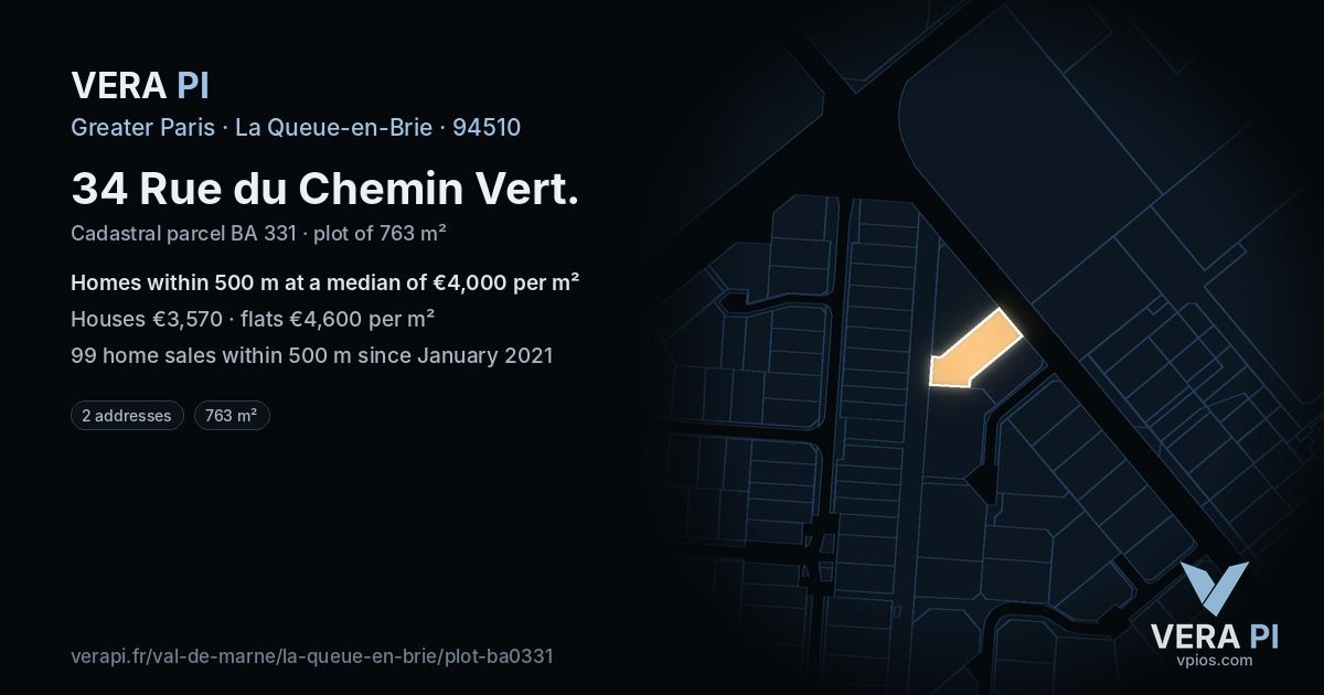 34 Rue du Chemin Vert, La Queue-en-Brie at night – the plot lit, the parcels around coloured by the prices near them