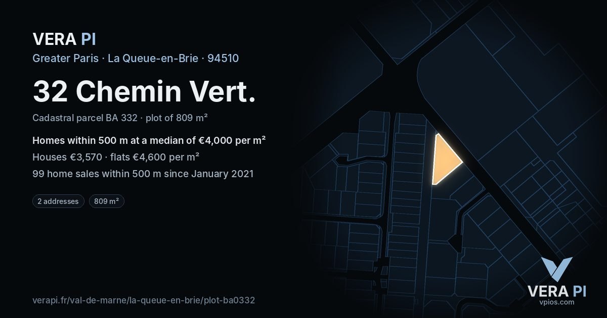 32 Chemin Vert, La Queue-en-Brie at night – the plot lit, the parcels around coloured by the prices near them