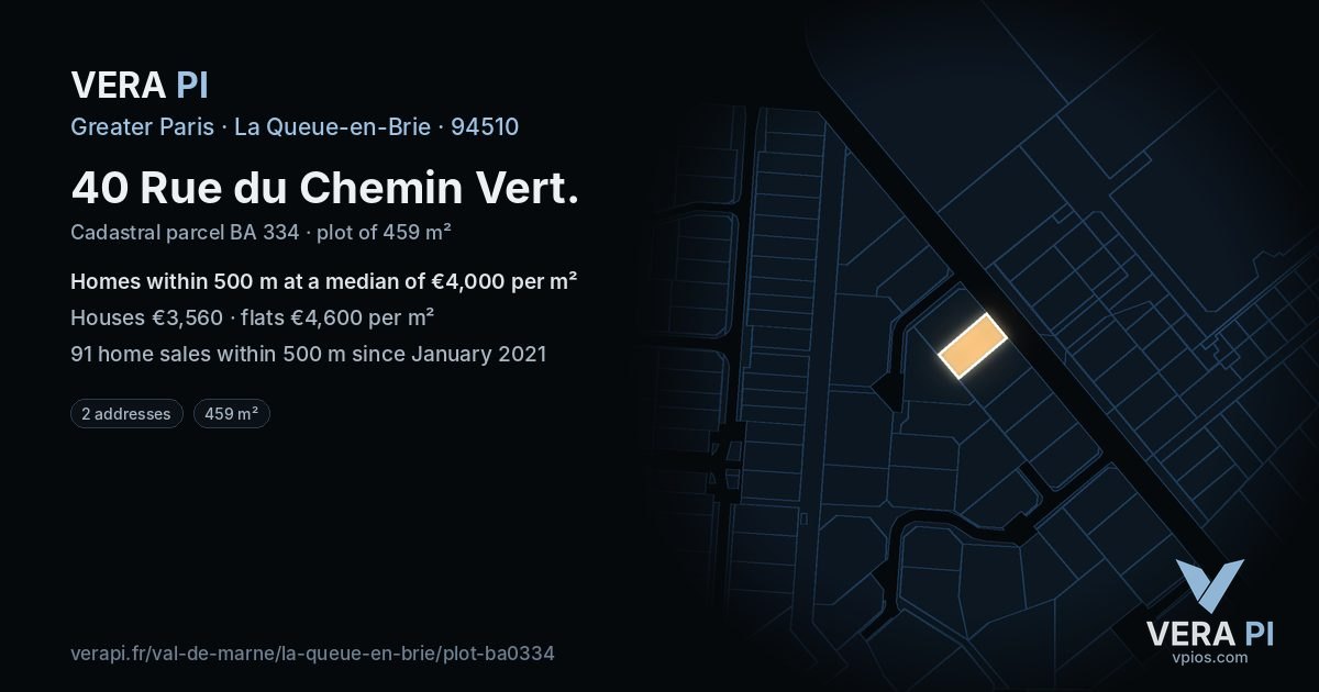 40 Rue du Chemin Vert, La Queue-en-Brie at night – the plot lit, the parcels around coloured by the prices near them