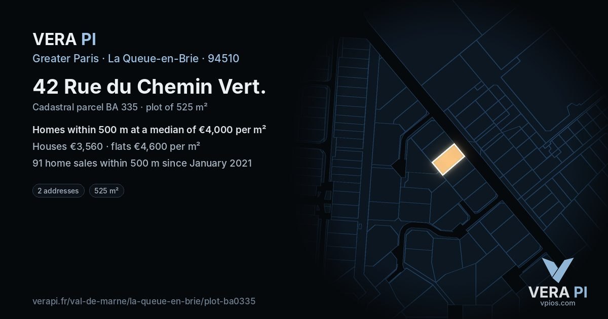 42 Rue du Chemin Vert, La Queue-en-Brie at night – the plot lit, the parcels around coloured by the prices near them
