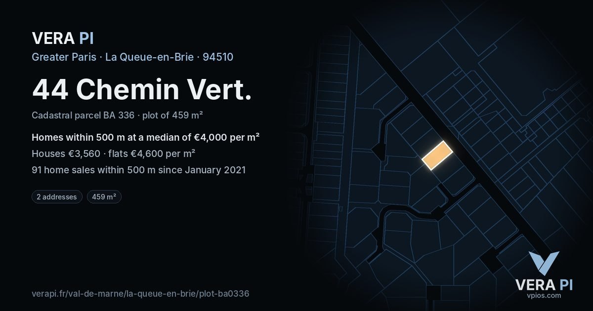 44 Chemin Vert, La Queue-en-Brie at night – the plot lit, the parcels around coloured by the prices near them
