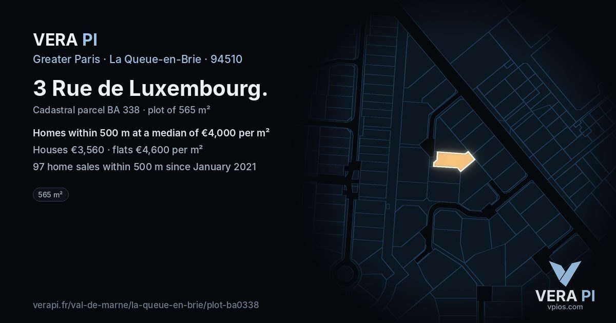 3 Rue de Luxembourg, La Queue-en-Brie at night – the plot lit, the parcels around coloured by the prices near them