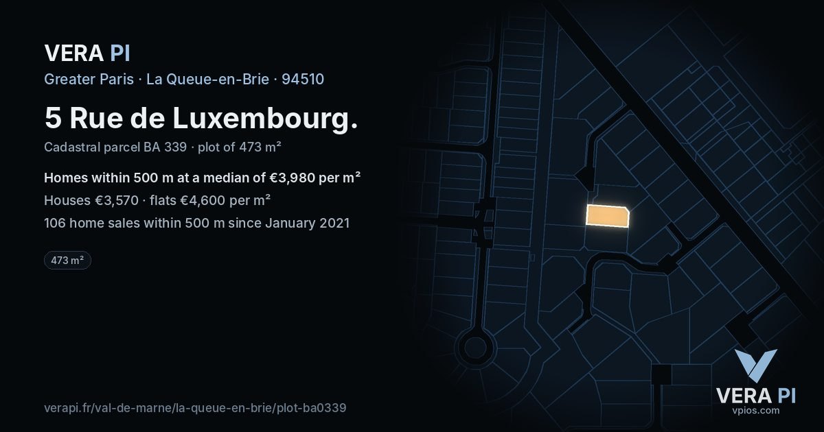 5 Rue de Luxembourg, La Queue-en-Brie at night – the plot lit, the parcels around coloured by the prices near them