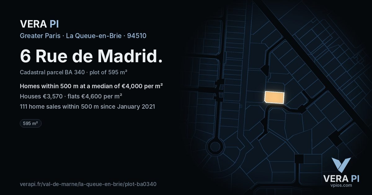 6 Rue de Madrid, La Queue-en-Brie at night – the plot lit, the parcels around coloured by the prices near them