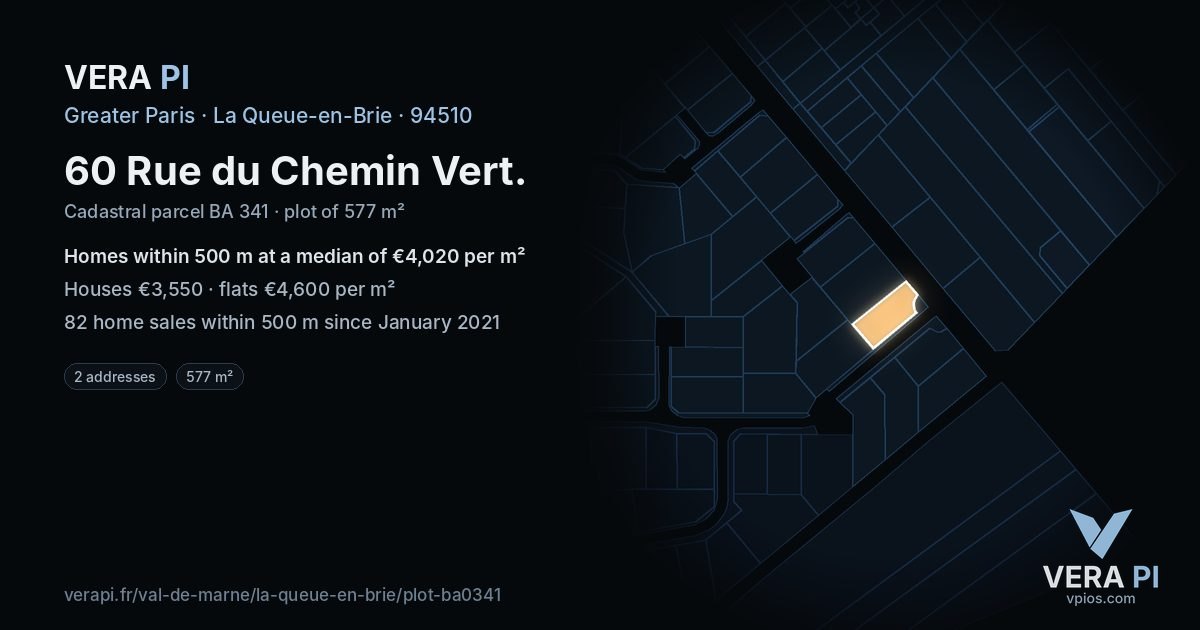 60 Rue du Chemin Vert, La Queue-en-Brie at night – the plot lit, the parcels around coloured by the prices near them