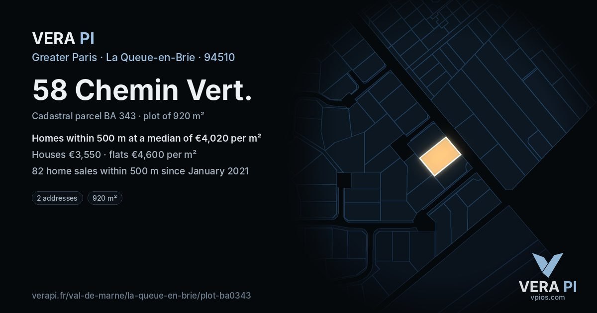 58 Chemin Vert, La Queue-en-Brie at night – the plot lit, the parcels around coloured by the prices near them