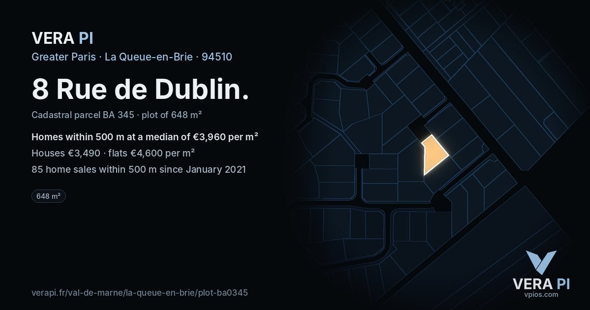 8 Rue de Dublin, La Queue-en-Brie at night – the plot lit, the parcels around coloured by the prices near them