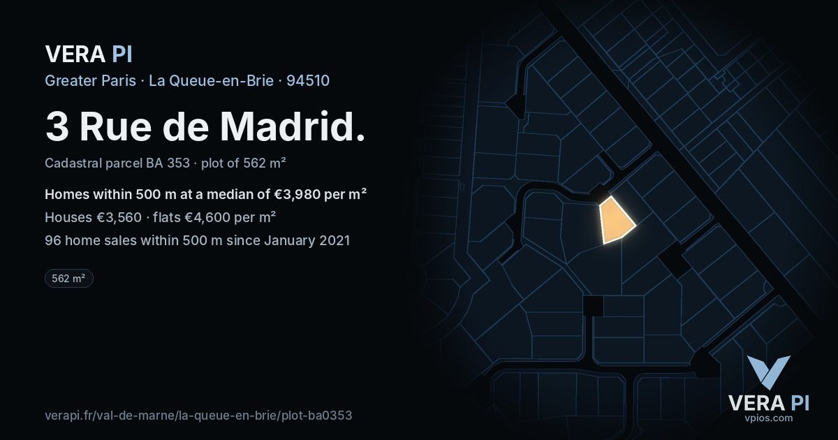 3 Rue de Madrid, La Queue-en-Brie at night – the plot lit, the parcels around coloured by the prices near them