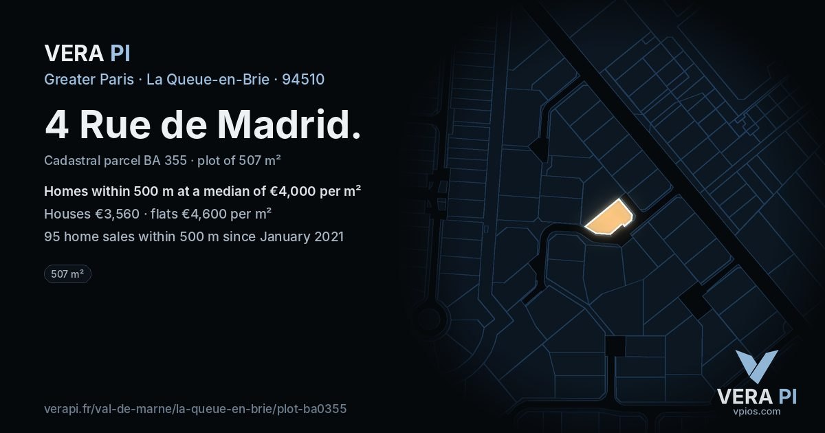 4 Rue de Madrid, La Queue-en-Brie at night – the plot lit, the parcels around coloured by the prices near them