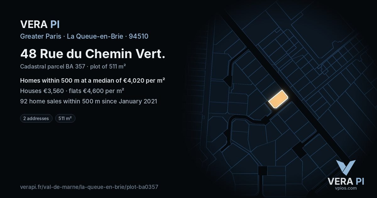 48 Rue du Chemin Vert, La Queue-en-Brie at night – the plot lit, the parcels around coloured by the prices near them