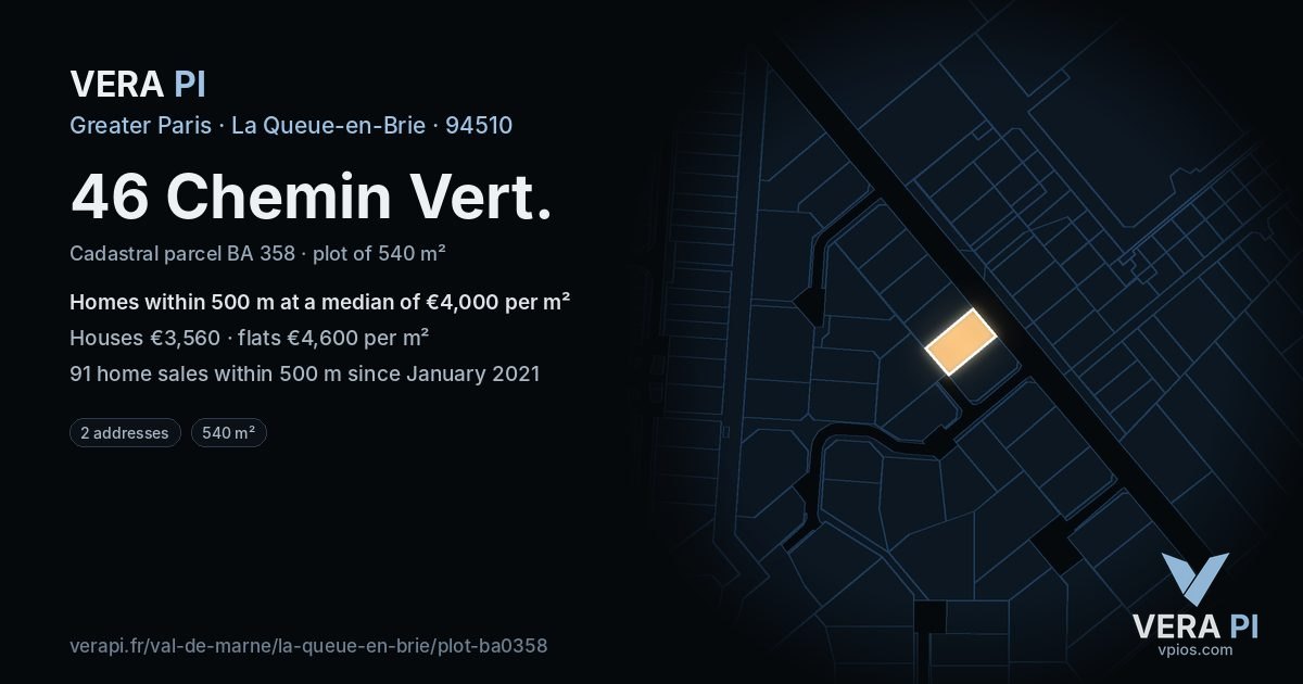 46 Chemin Vert, La Queue-en-Brie at night – the plot lit, the parcels around coloured by the prices near them