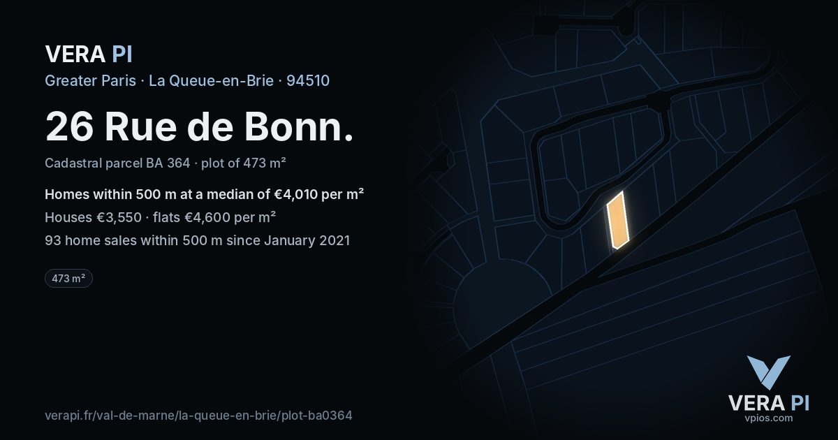 26 Rue de Bonn, La Queue-en-Brie at night – the plot lit, the parcels around coloured by the prices near them