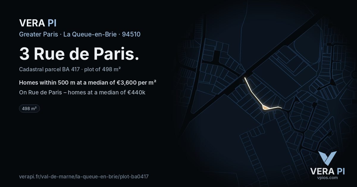 3 Rue de Paris, La Queue-en-Brie at night – the plot lit, the parcels around coloured by the prices near them