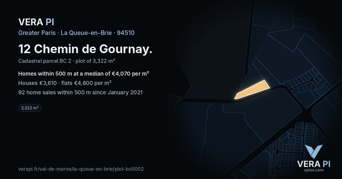 12 Chemin de Gournay, La Queue-en-Brie at night – the plot lit, the parcels around coloured by the prices near them