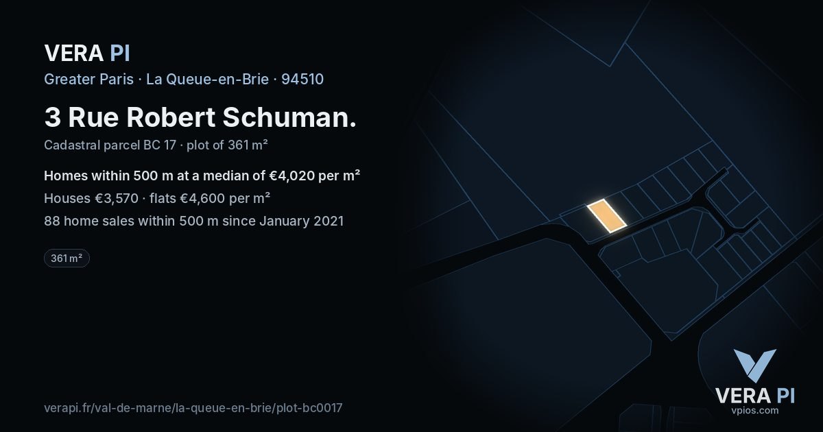 3 Rue Robert Schuman, La Queue-en-Brie at night – the plot lit, the parcels around coloured by the prices near them