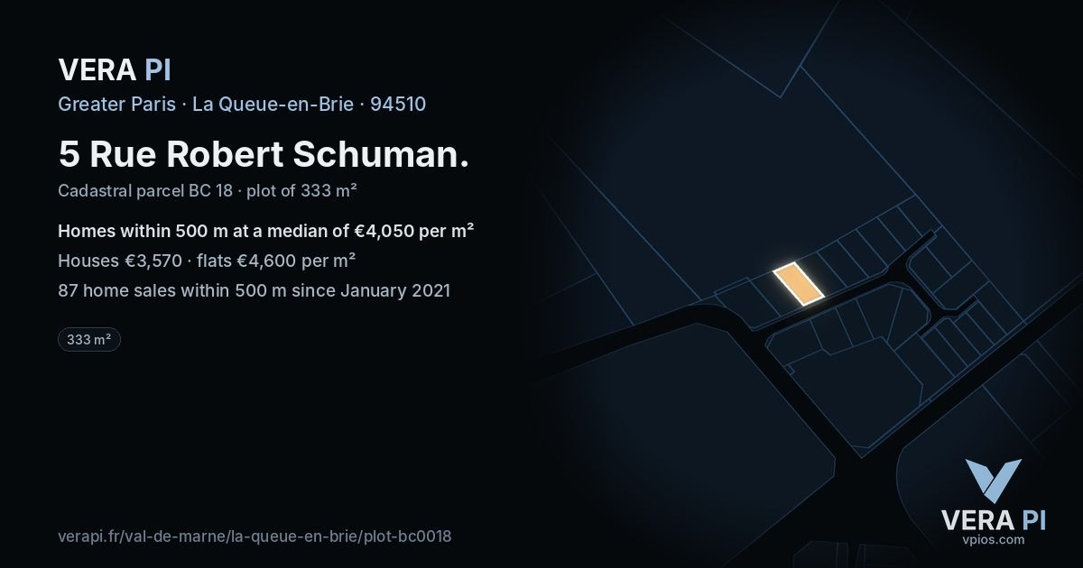 5 Rue Robert Schuman, La Queue-en-Brie at night – the plot lit, the parcels around coloured by the prices near them