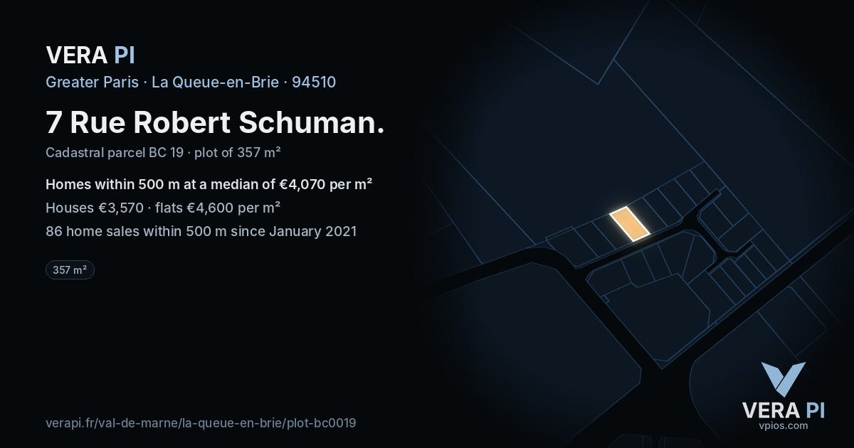 7 Rue Robert Schuman, La Queue-en-Brie at night – the plot lit, the parcels around coloured by the prices near them