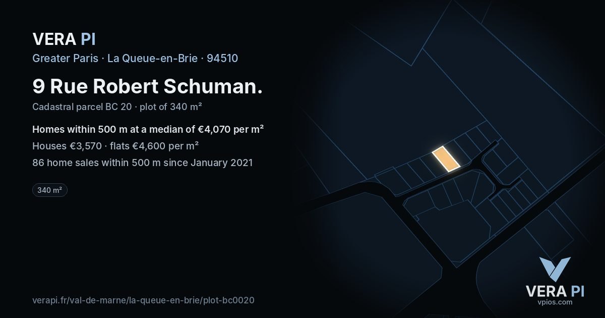 9 Rue Robert Schuman, La Queue-en-Brie at night – the plot lit, the parcels around coloured by the prices near them
