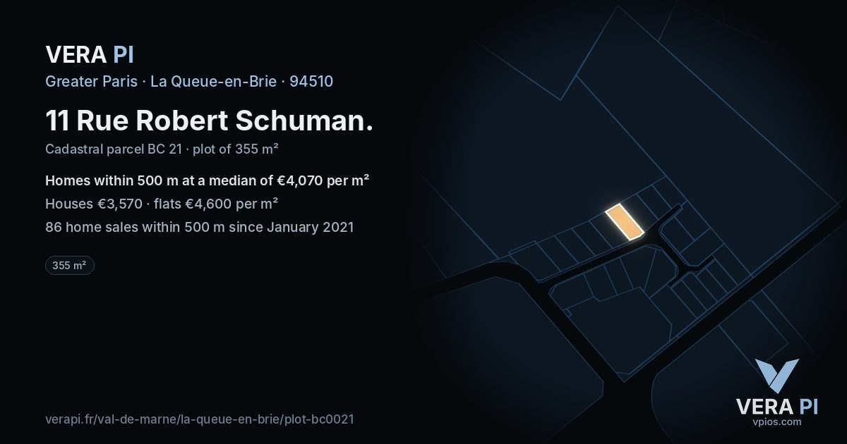 11 Rue Robert Schuman, La Queue-en-Brie at night – the plot lit, the parcels around coloured by the prices near them