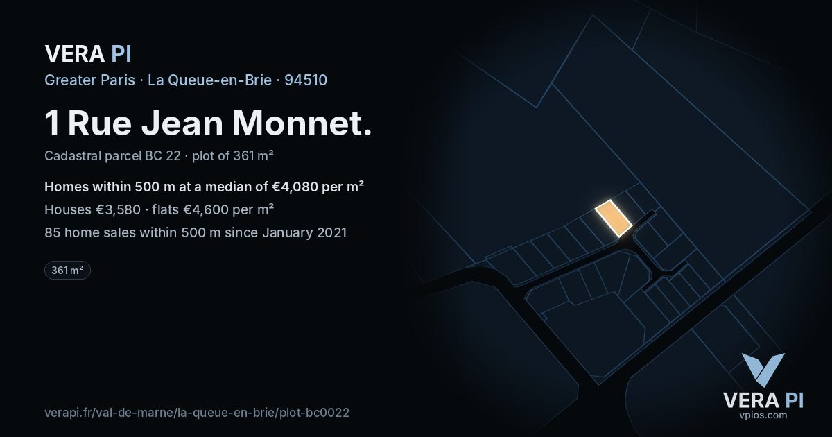 1 Rue Jean Monnet, La Queue-en-Brie at night – the plot lit, the parcels around coloured by the prices near them