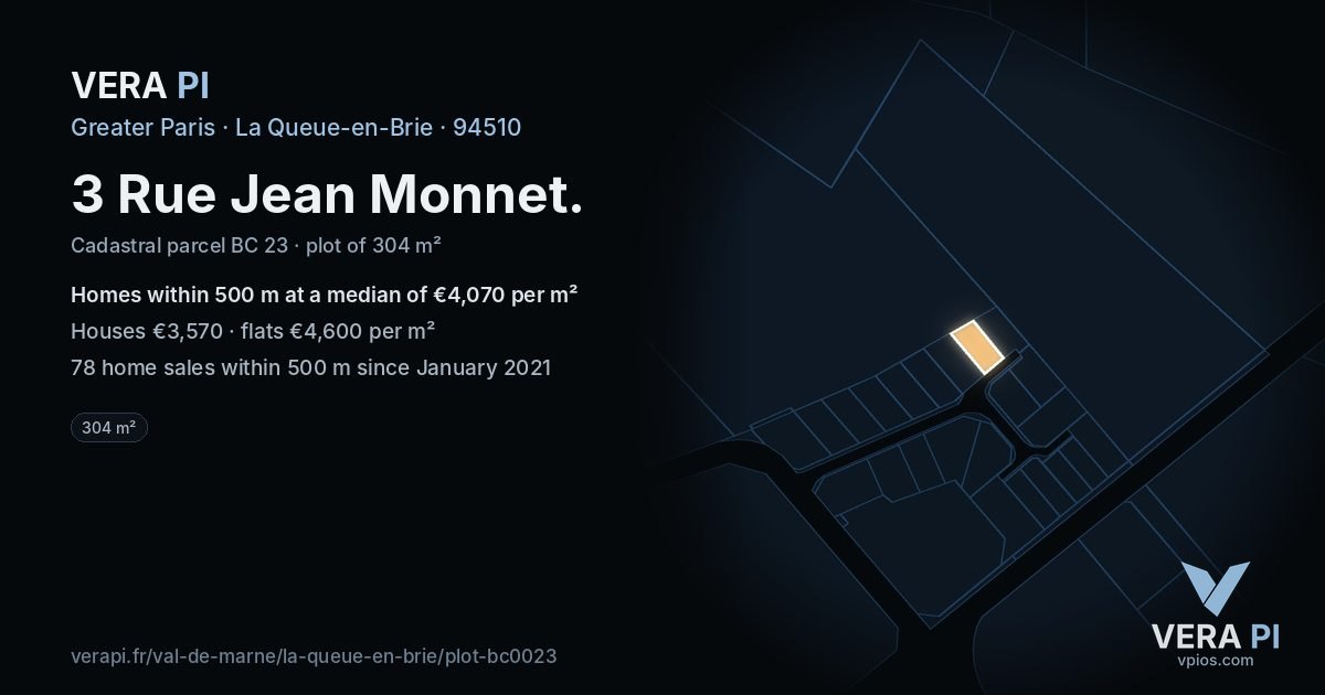 3 Rue Jean Monnet, La Queue-en-Brie at night – the plot lit, the parcels around coloured by the prices near them