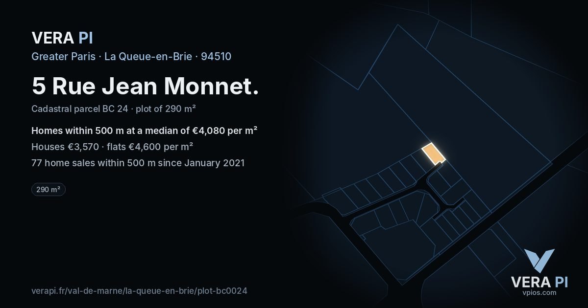 5 Rue Jean Monnet, La Queue-en-Brie at night – the plot lit, the parcels around coloured by the prices near them