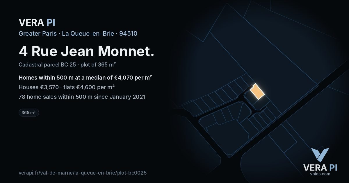 4 Rue Jean Monnet, La Queue-en-Brie at night – the plot lit, the parcels around coloured by the prices near them