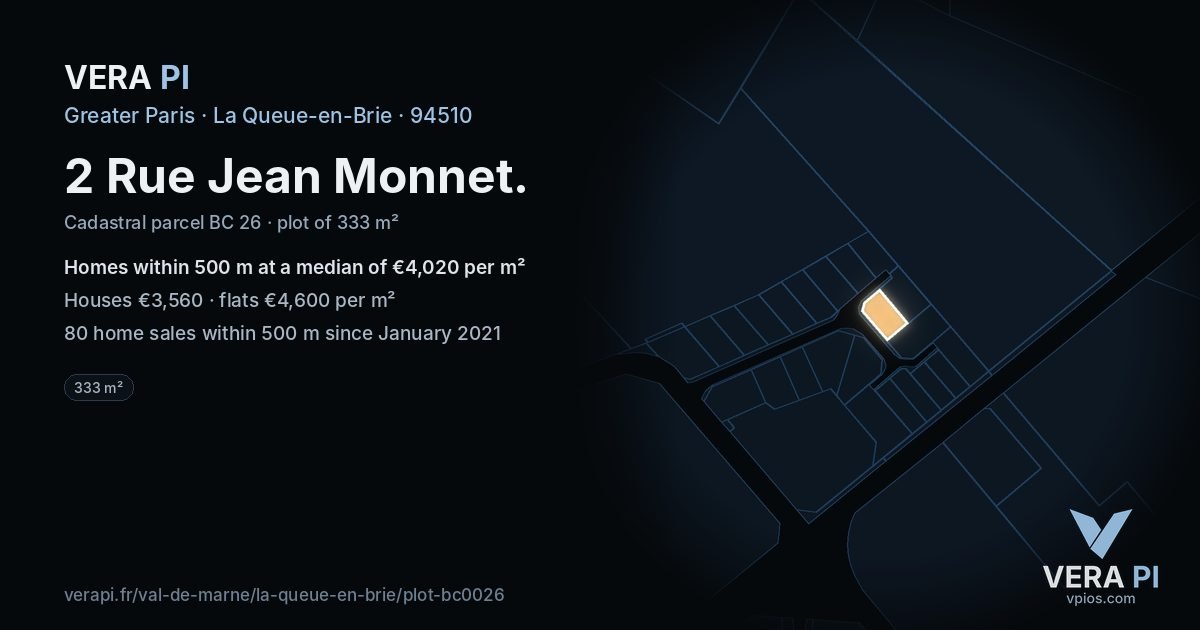 2 Rue Jean Monnet, La Queue-en-Brie at night – the plot lit, the parcels around coloured by the prices near them