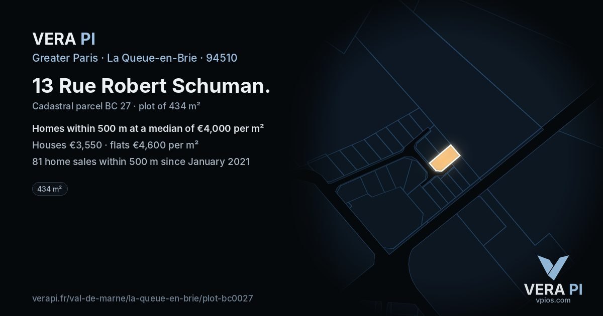 13 Rue Robert Schuman, La Queue-en-Brie at night – the plot lit, the parcels around coloured by the prices near them
