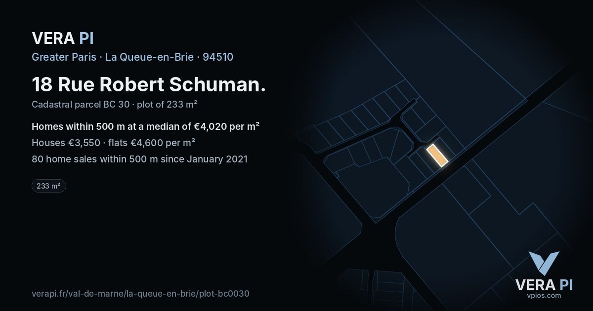 18 Rue Robert Schuman, La Queue-en-Brie at night – the plot lit, the parcels around coloured by the prices near them