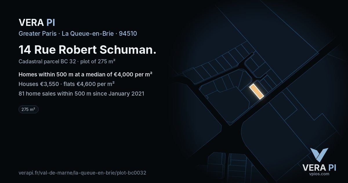 14 Rue Robert Schuman, La Queue-en-Brie at night – the plot lit, the parcels around coloured by the prices near them
