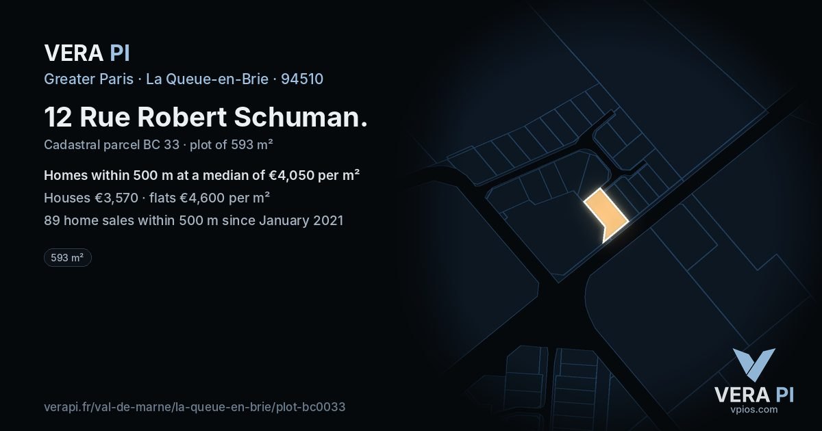 12 Rue Robert Schuman, La Queue-en-Brie at night – the plot lit, the parcels around coloured by the prices near them