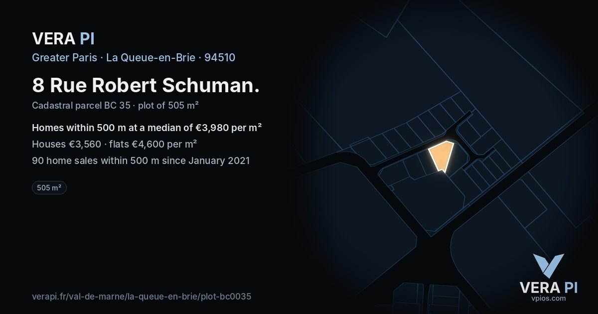 8 Rue Robert Schuman, La Queue-en-Brie at night – the plot lit, the parcels around coloured by the prices near them
