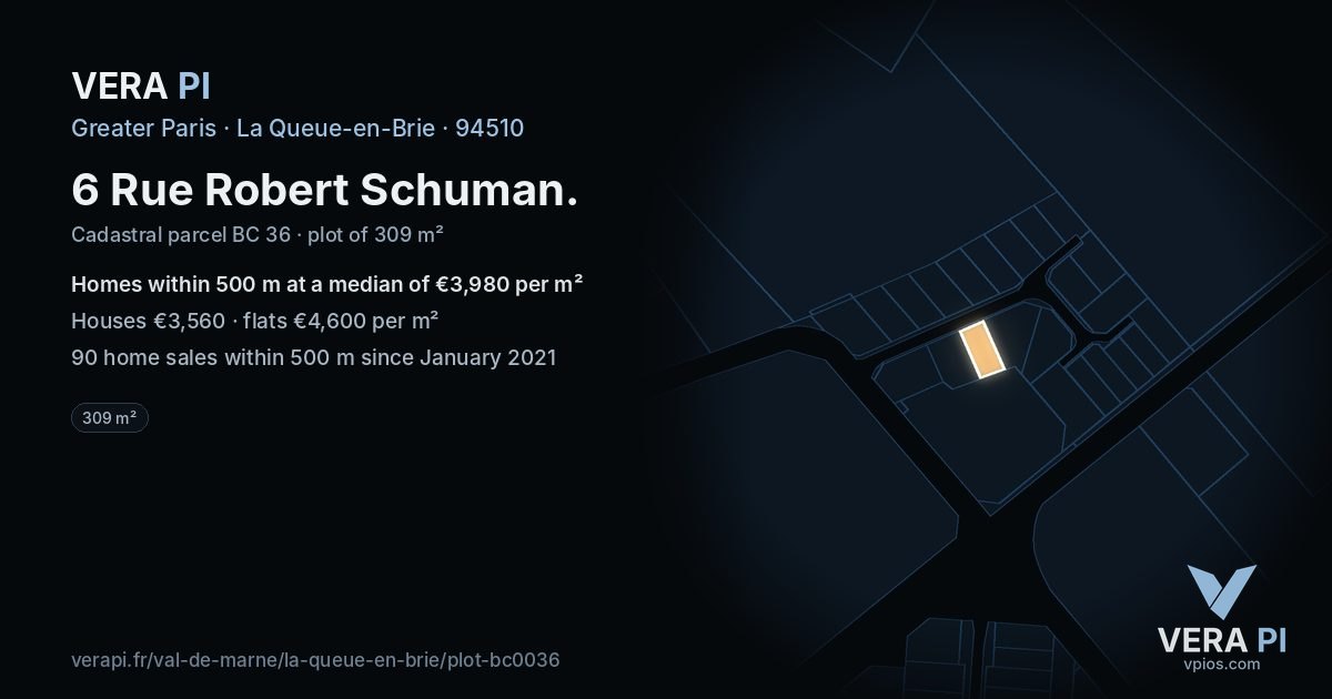 6 Rue Robert Schuman, La Queue-en-Brie at night – the plot lit, the parcels around coloured by the prices near them