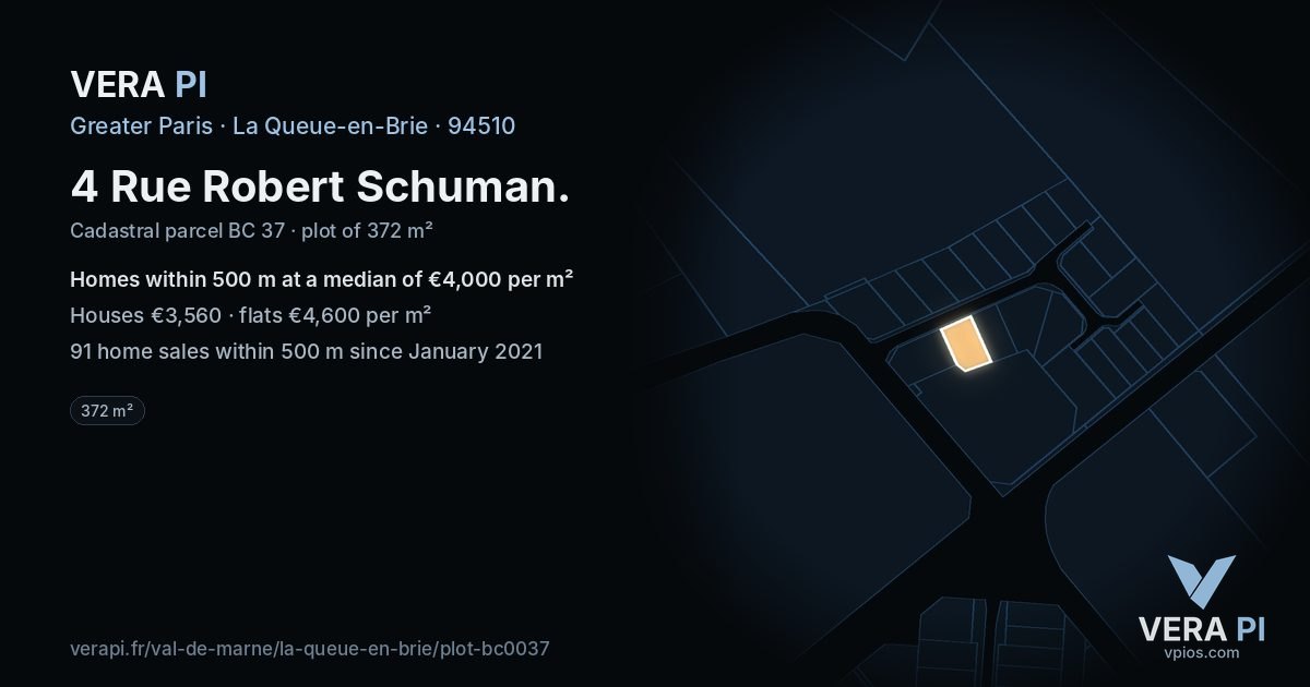 4 Rue Robert Schuman, La Queue-en-Brie at night – the plot lit, the parcels around coloured by the prices near them